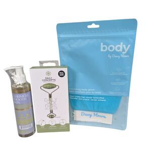 3-Piece Spa Bundle Jade Facial Roller, Exfoliating Glove & Shave Oil Serum NEW